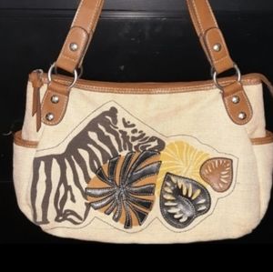 Relic tan/brown canvas bag, leather patchwork, applique floral, animal print